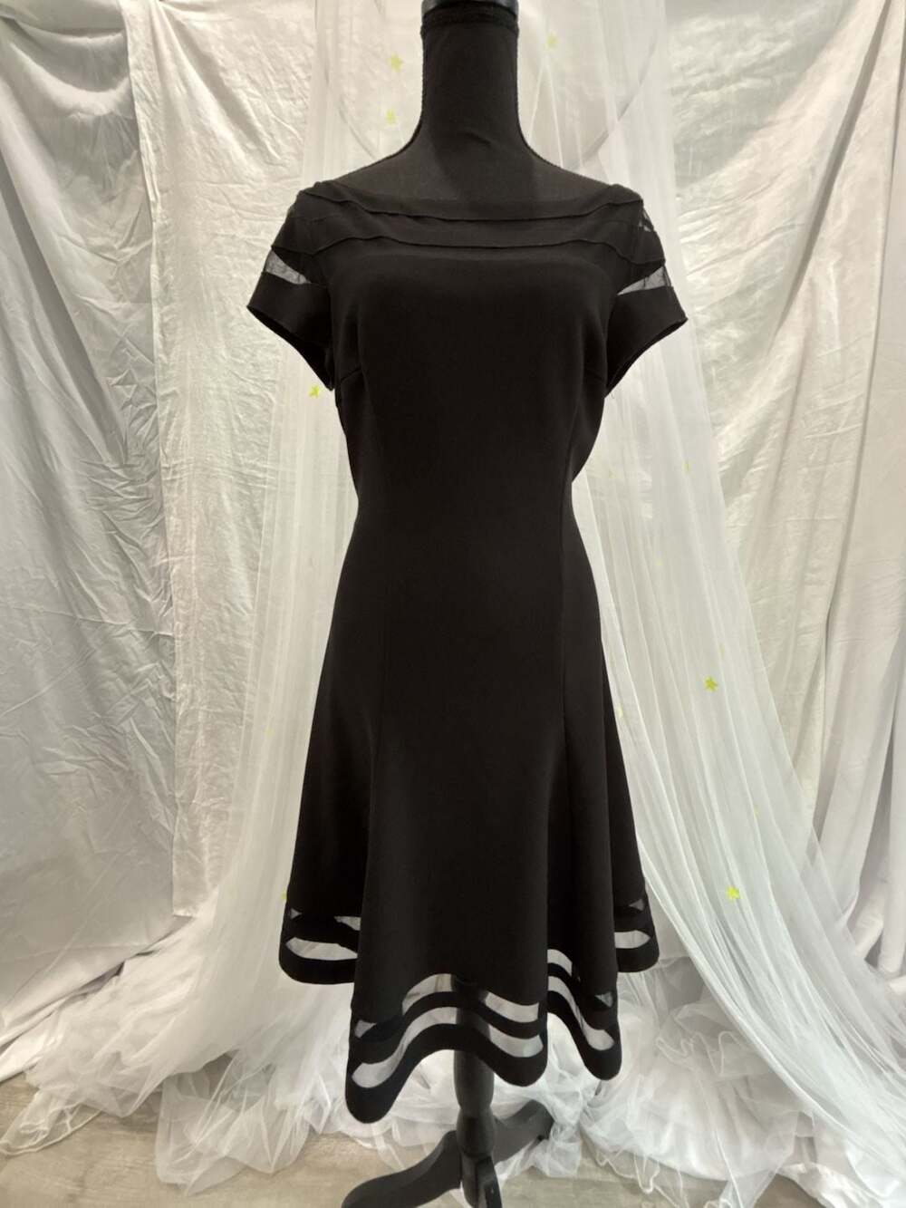 White House Black Market Boat Neck Mesh Illusion Panel Short Sleeve Black Dress
